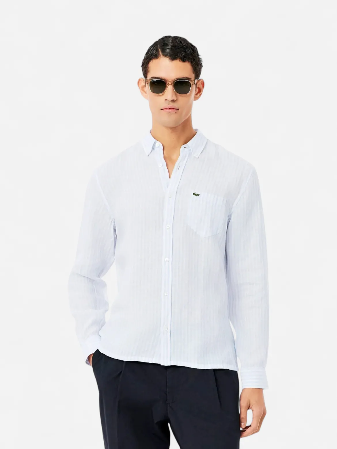 Lacoste miesten kauluspaita Reg Fit Striped Linen Shirt, raidallinen sininen