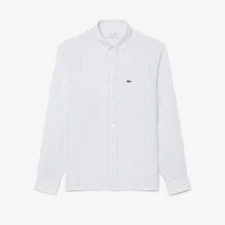 Lacoste miesten kauluspaita Reg Fit Striped Linen Shirt, raidallinen sininen