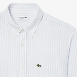 Lacoste miesten kauluspaita Reg Fit Striped Linen Shirt, raidallinen sininen