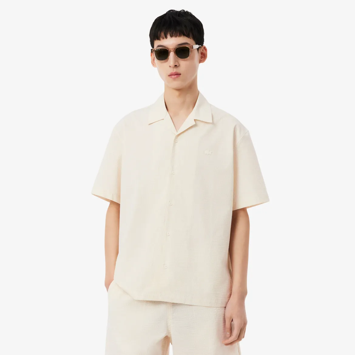 Lacoste miesten lyhythihainen kauluspaita Relaxed Fit Waffle Texture Shirt, valkoinen