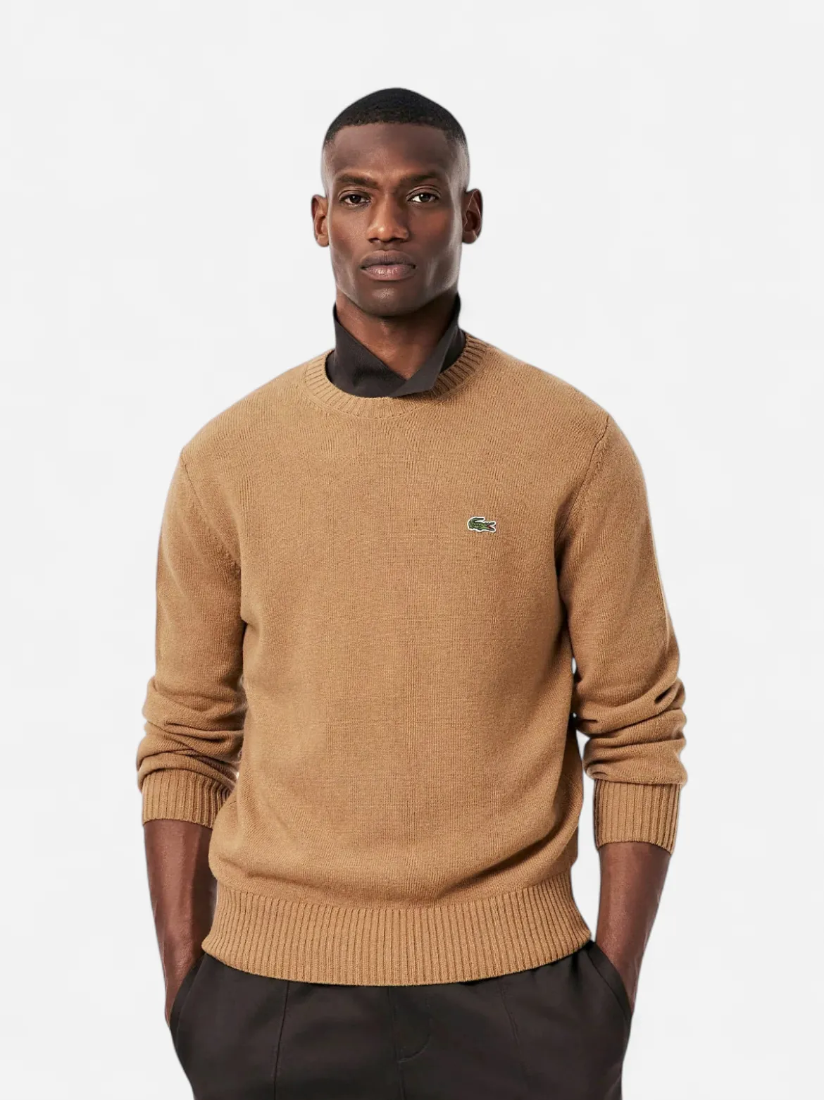 Lacoste miesten neulepusero K MONOCHROME CARDED WOOL NECK SWEATER, kameli