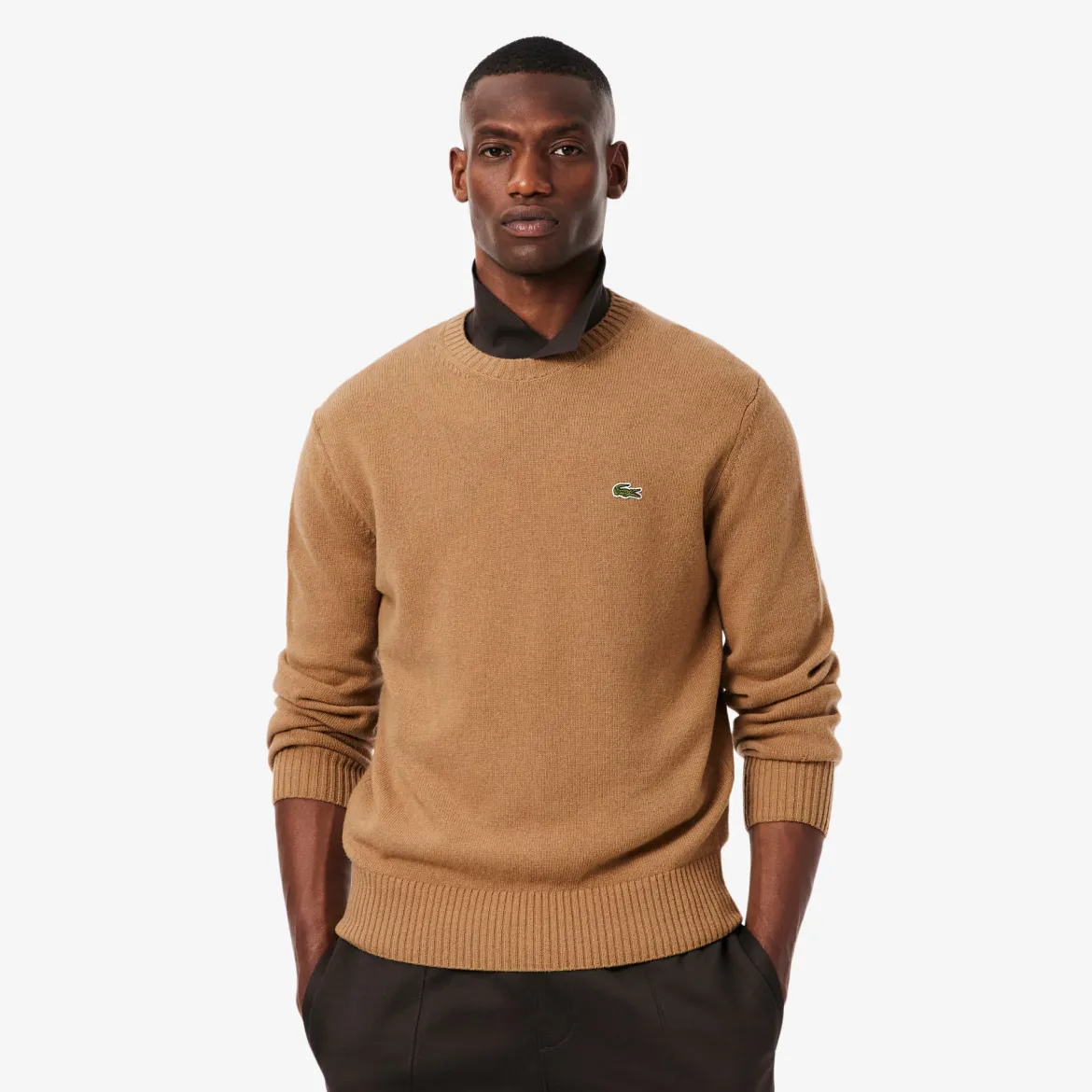 Lacoste miesten neulepusero K MONOCHROME CARDED WOOL NECK SWEATER, kameli