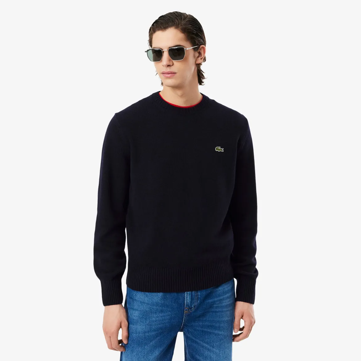 Lacoste miesten neulepusero Monochrome Carded Wool Neck Sweater, tummansininen