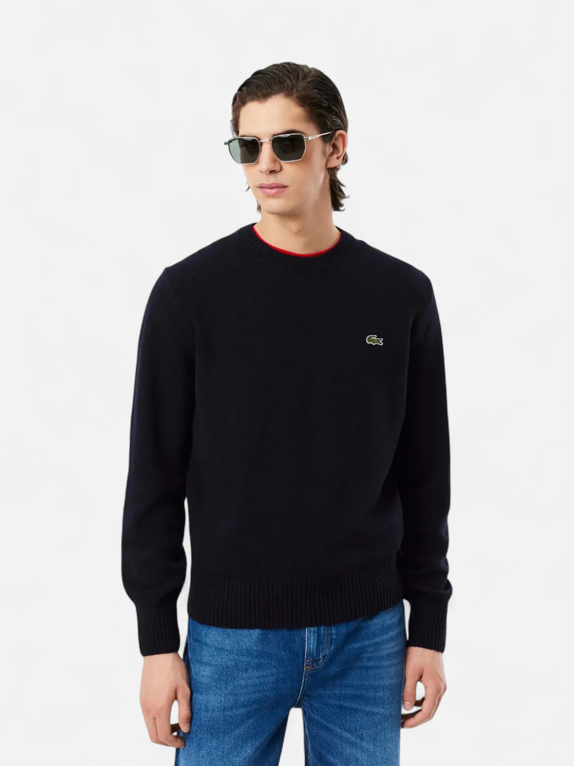 Lacoste miesten neulepusero Monochrome Carded Wool Neck Sweater, tummansininen