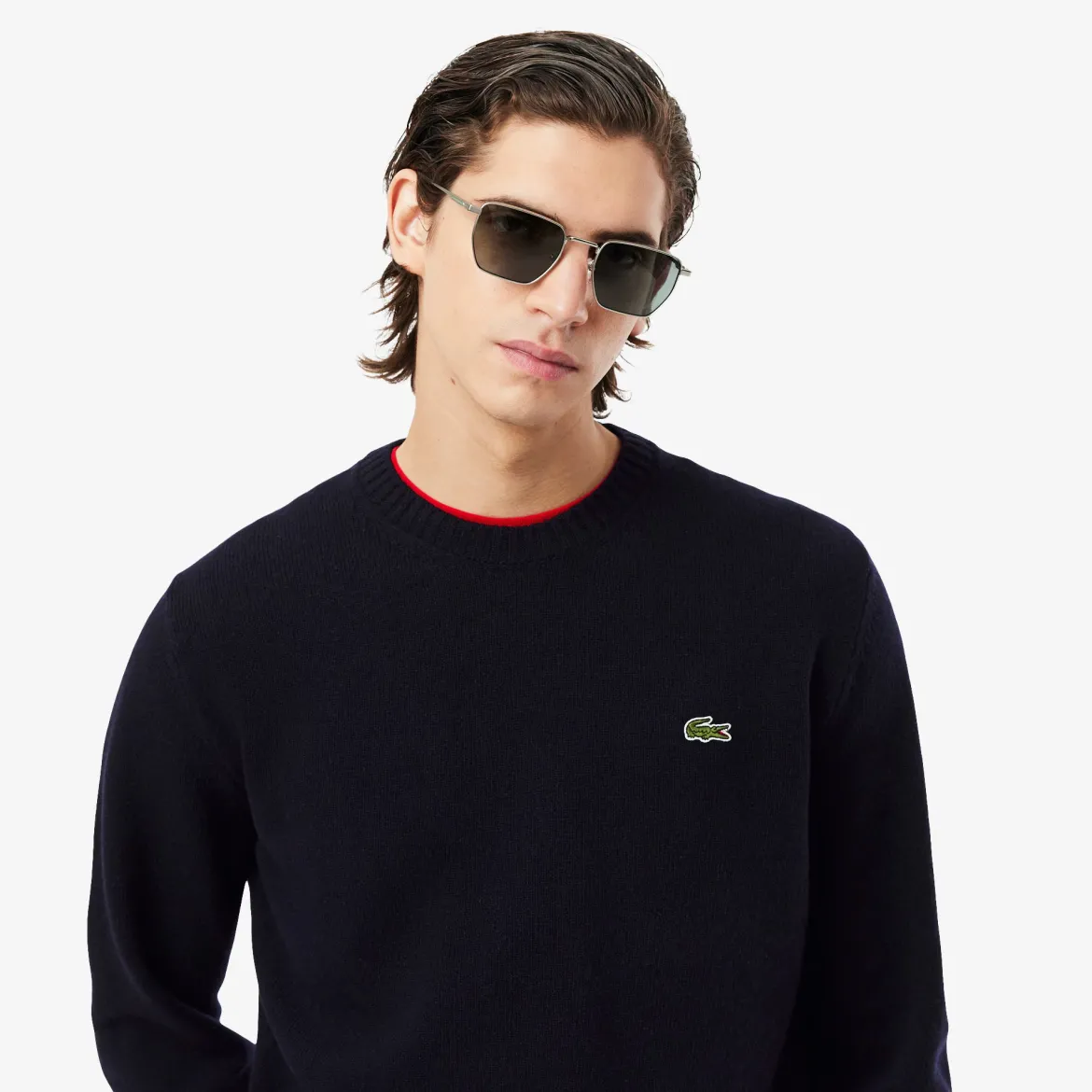 Lacoste miesten neulepusero Monochrome Carded Wool Neck Sweater, tummansininen