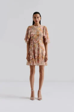 Malina naisten mekko, IDA SILK BLEND FRILL SLEEVE MINI DRESS Monivärinen Kuosi