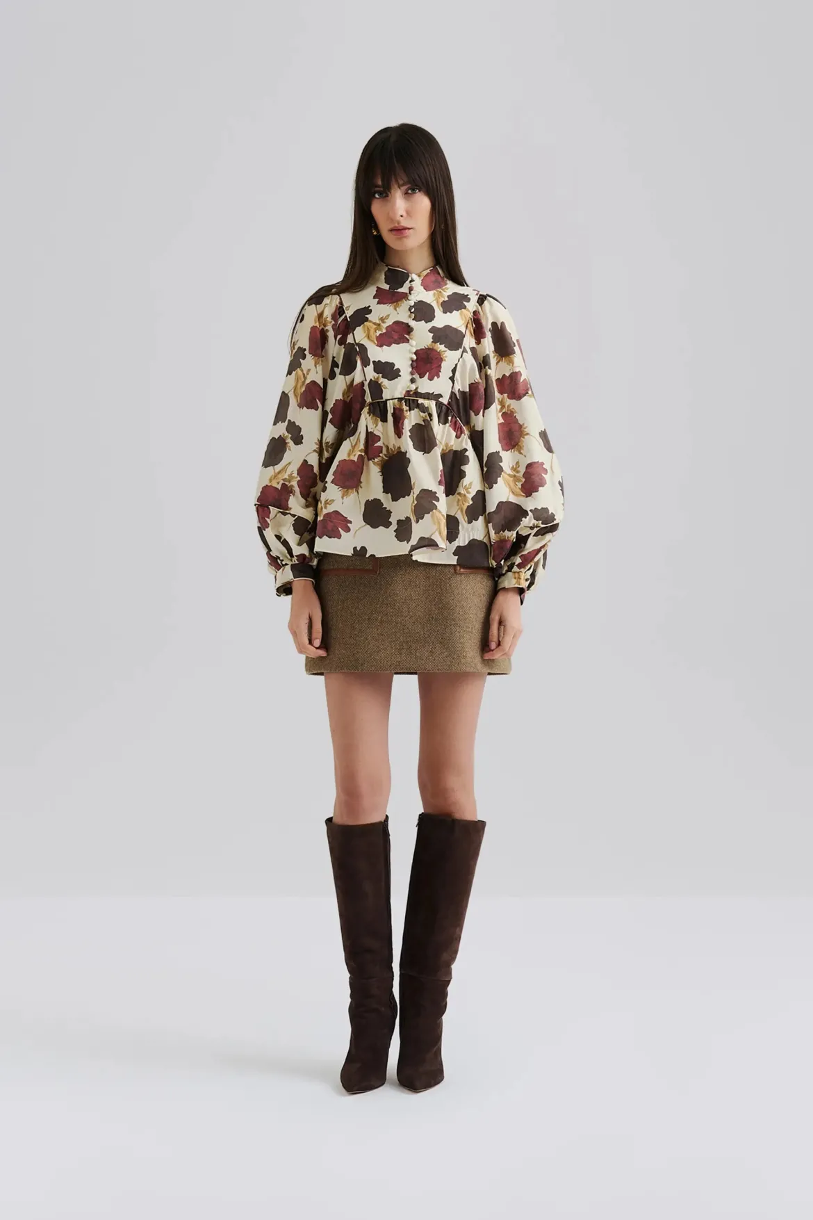 Malina naisten pusero, PERNILLA HOGH NECK BALLOON SLEEVE BLOUSE Viininpunainen Kuosi