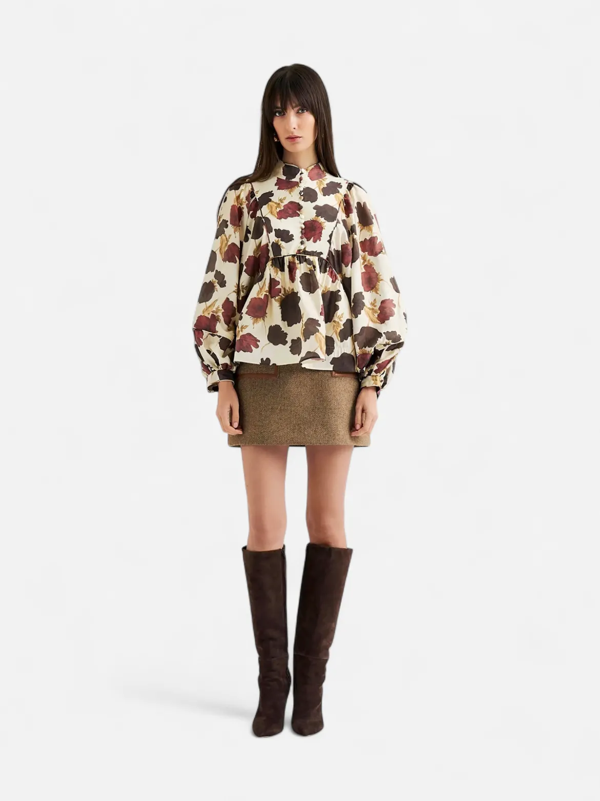 Malina naisten pusero, PERNILLA HOGH NECK BALLOON SLEEVE BLOUSE Viininpunainen Kuosi