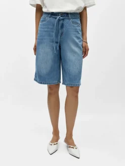 Object naisten farkkushortsit OBJRosie MW Lo Denim Long Shorts Noos, Light Blue Denim