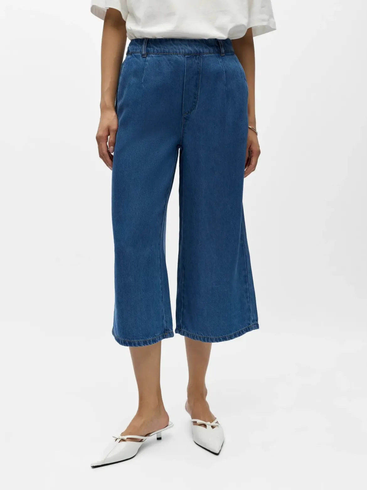 Object naisten housut OBJFrame MW Culotte Pant Noos, Medium Blue Denim