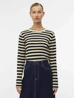 Object Naisten Neule, OBJESTER SLI L/S KNIT PULLOVER NOOS Raidallinen Musta