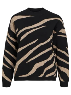 Object Naisten Neule, OBJRAY LO L/S KNIT PULLOVER AOP NOOS Musta Kuosi