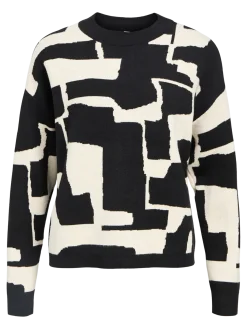 Object Naisten Neule, OBJRAY LO L/S KNIT PULLOVER AOP NOOS Black Sandshell Grap