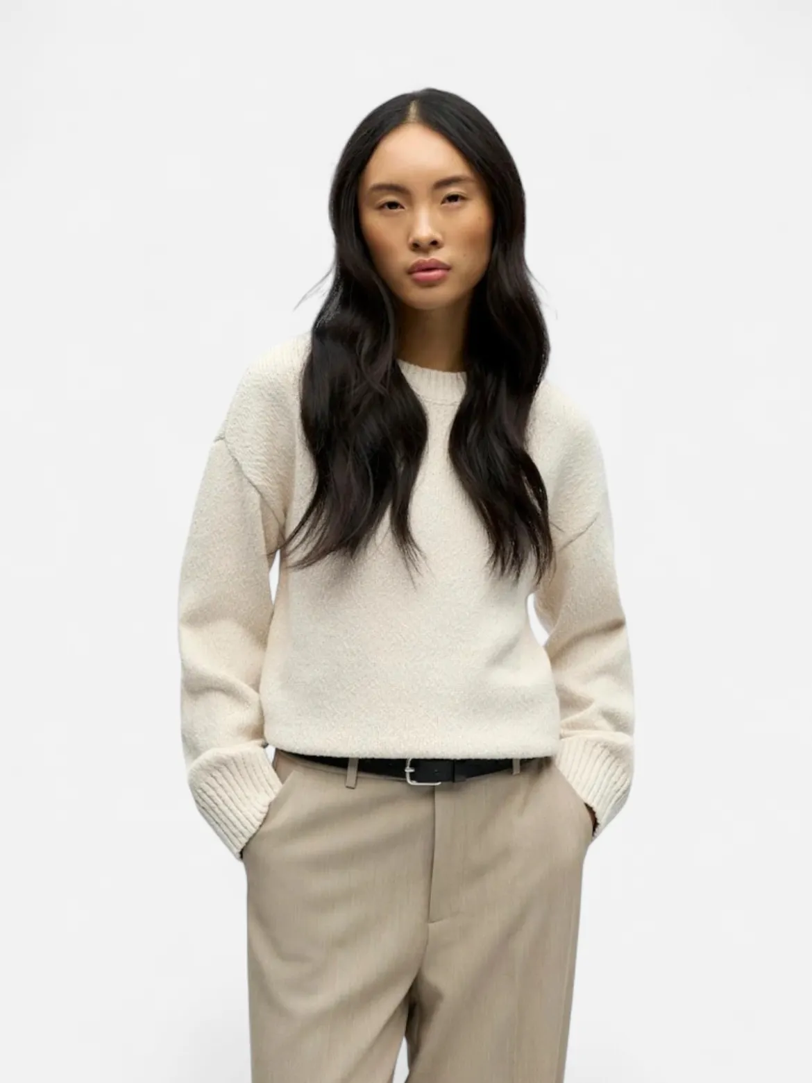 Object naisten neulepusero Objsima L/S Lo Knit Pullover Noos, White Sand