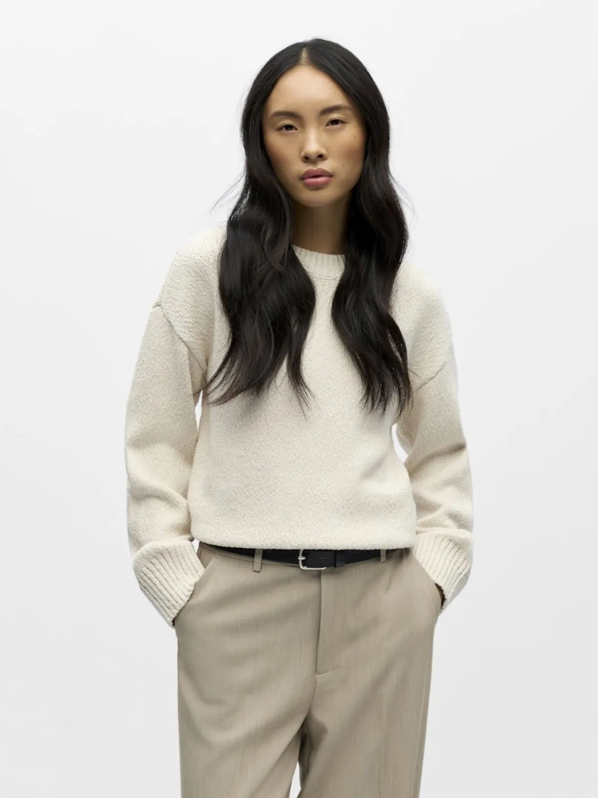 Object naisten neulepusero Objsima L/S Lo Knit Pullover Noos, White Sand