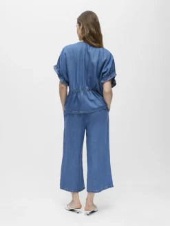 Object naisten pusero OBJFRAME 2/4 V-Neck RE Top, Medium Blue Denim