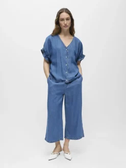 Object naisten pusero OBJFRAME 2/4 V-Neck RE Top, Medium Blue Denim