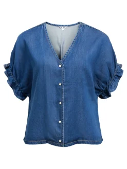 Object naisten pusero OBJFRAME 2/4 V-Neck RE Top, Medium Blue Denim