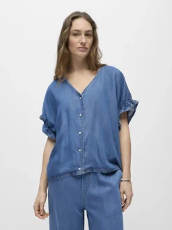 Object naisten pusero OBJFRAME 2/4 V-Neck RE Top, Medium Blue Denim