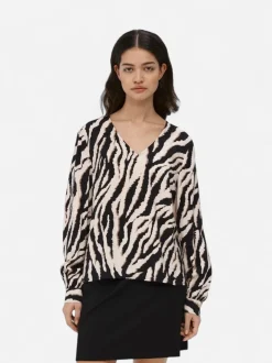 Object naisten pusero, OBJJACIRA L/S V-NECK TOP Beige Kuosi