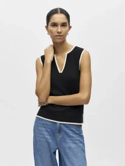 Object naisten toppi OBJVIVA S/L Re V-Neck Knit Top, Black Birch constras