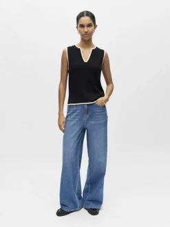 Object naisten toppi OBJVIVA S/L Re V-Neck Knit Top, Black Birch constras