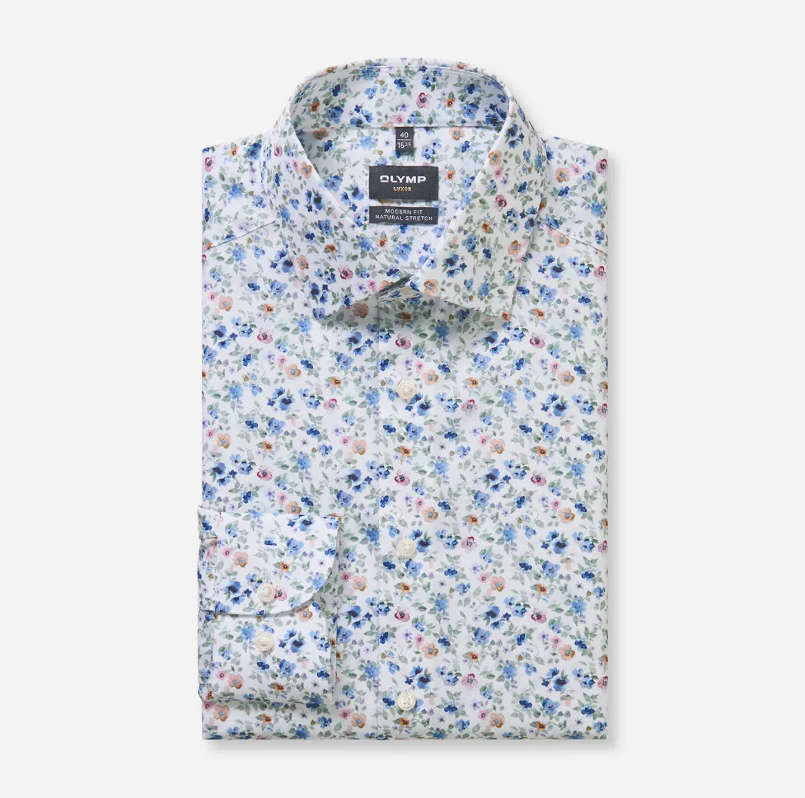 Olymp kauluspaita +Hiha Luxor Modern Fit Floral Print, valkopohjainen kuosi