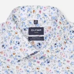 Olymp miesten lyhythihainen kauluspaita SS Luxor Modern Fit Floral Print, valkopohjainen kuosi