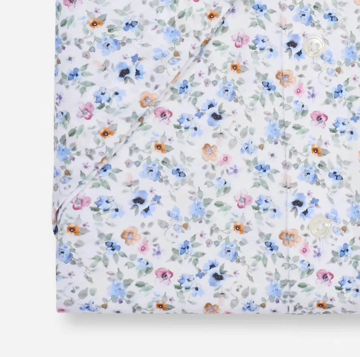 Olymp miesten lyhythihainen kauluspaita SS Luxor Modern Fit Floral Print, valkopohjainen kuosi