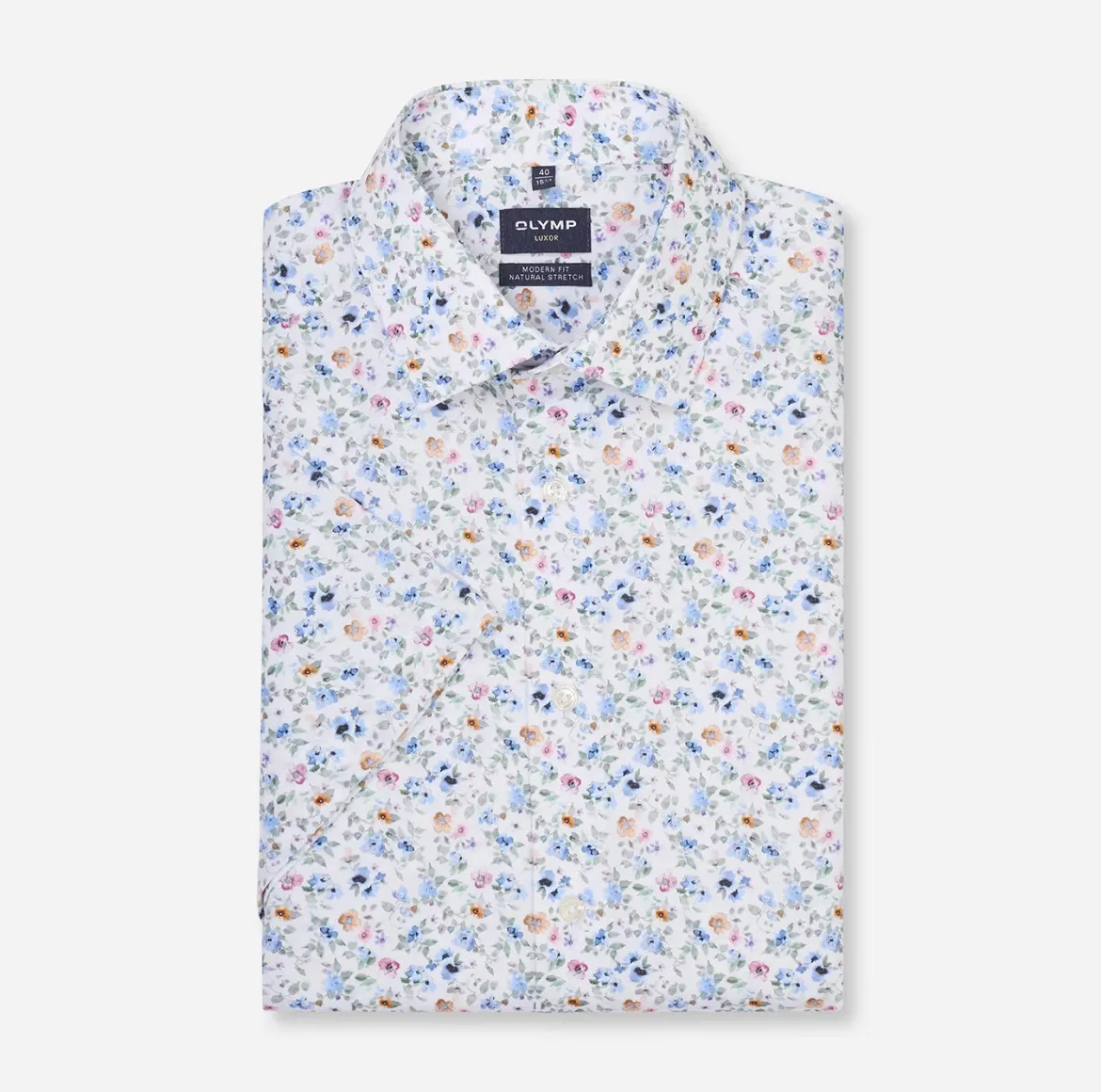 Olymp miesten lyhythihainen kauluspaita SS Luxor Modern Fit Floral Print, valkopohjainen kuosi