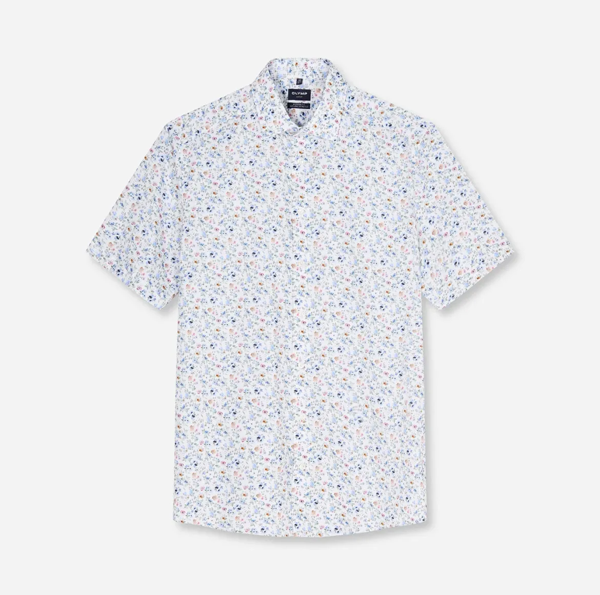Olymp miesten lyhythihainen kauluspaita SS Luxor Modern Fit Floral Print, valkopohjainen kuosi