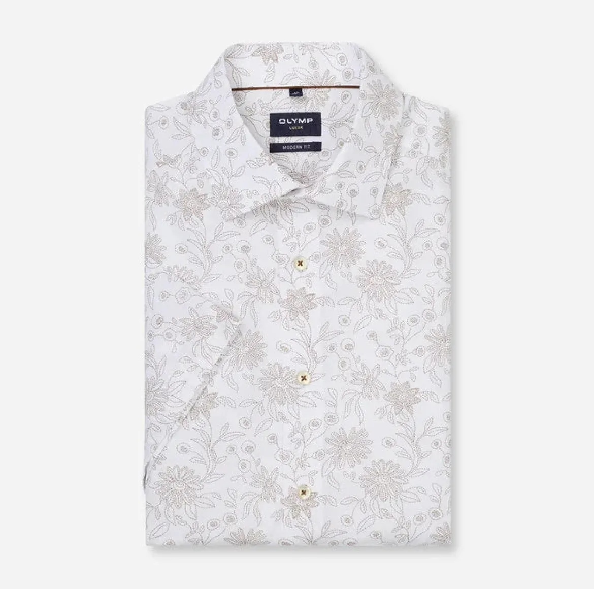 Olymp miesten lyhythihainen kauluspaita Luxor Modern Fit SS Floral Print, valkopohjainen kuosi