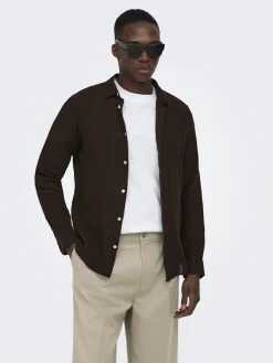 Only and Sons miesten kauluspaita ONSCaiden Life LS Solid Linen Blend H, Coffee Bean
