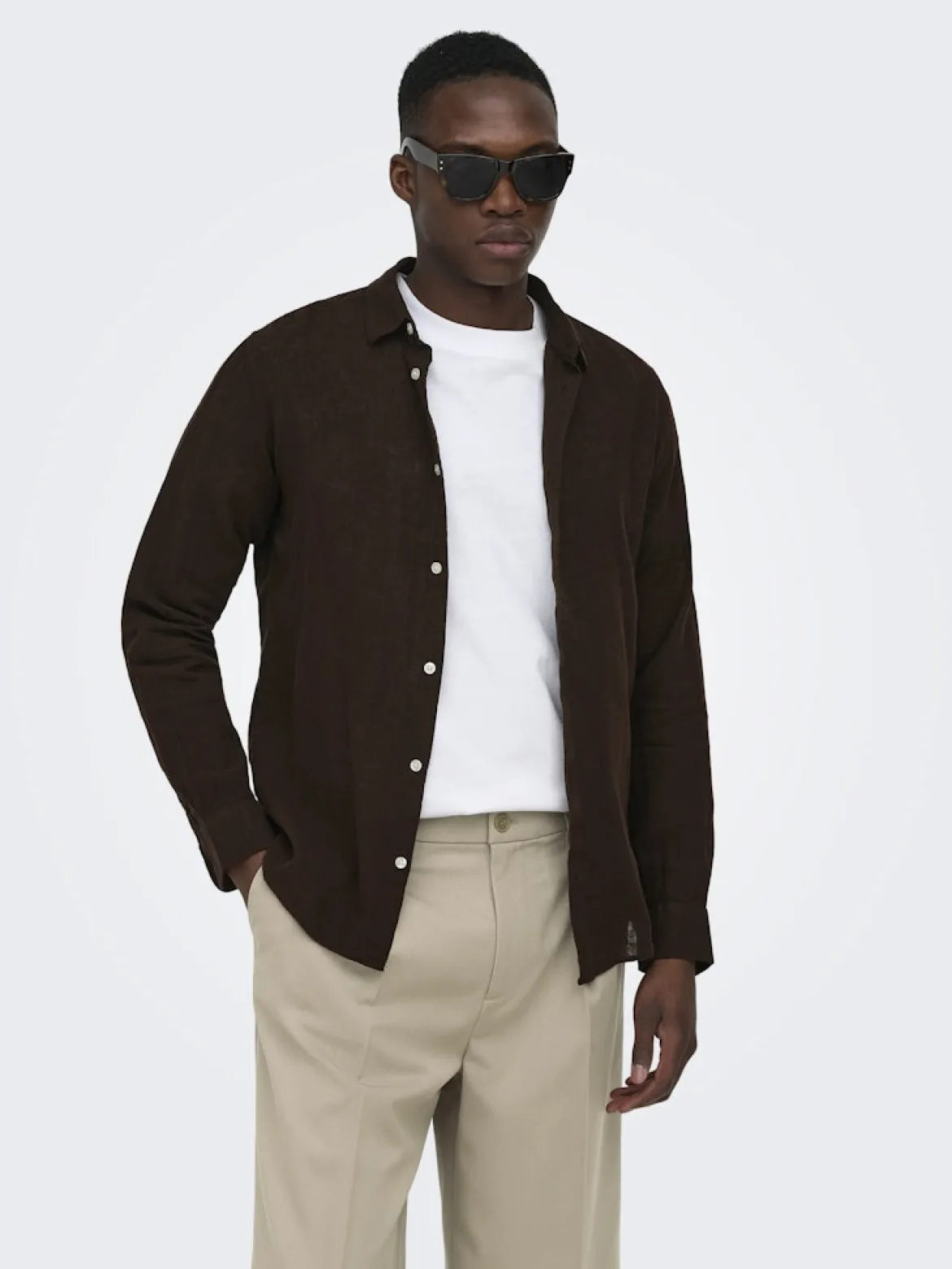 Only and Sons miesten kauluspaita ONSCaiden Life LS Solid Linen Blend H, Coffee Bean