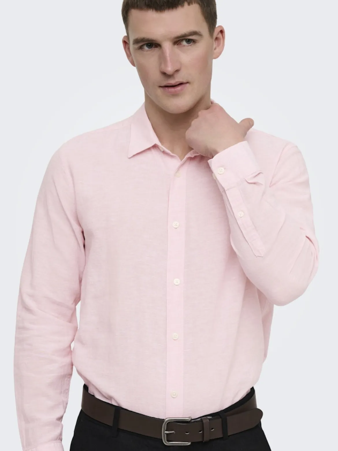 Only and Sons miesten kauluspaita ONSCaiden Life LS Solid Linen Blend Noos, Veiled Pink