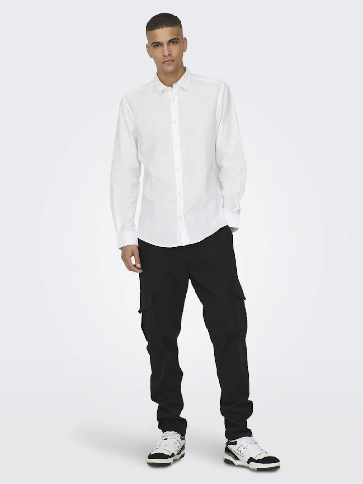 Only and Sons miesten kauluspaita ONSCaiden Life LS Solid Linen Blend Noos, White