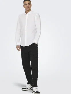 Only and Sons miesten kauluspaita ONSCaiden Life LS Solid Linen Blend Noos, White