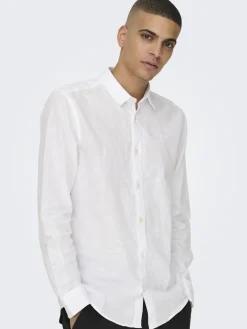 Only and Sons miesten kauluspaita ONSCaiden Life LS Solid Linen Blend Noos, White