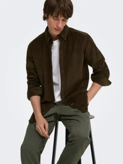 Only and Sons miesten kauluspaita Michael 18w Reg Cord Stretch Ls, Demitasse