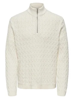 Only and Sons miesten neulepusero LEONARD LIFE REG HALF ZIP CABLE COTTON, Antique White