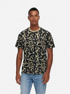 Only and Sons miesten t-paita ONSPerry Life Reg Leaf AOP SS Tee H, Silver Lining JET BL
