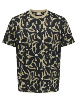 Only and Sons miesten t-paita ONSPerry Life Reg Leaf AOP SS Tee H, Silver Lining JET BL