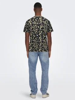 Only and Sons miesten t-paita ONSPerry Life Reg Leaf AOP SS Tee H, Silver Lining JET BL