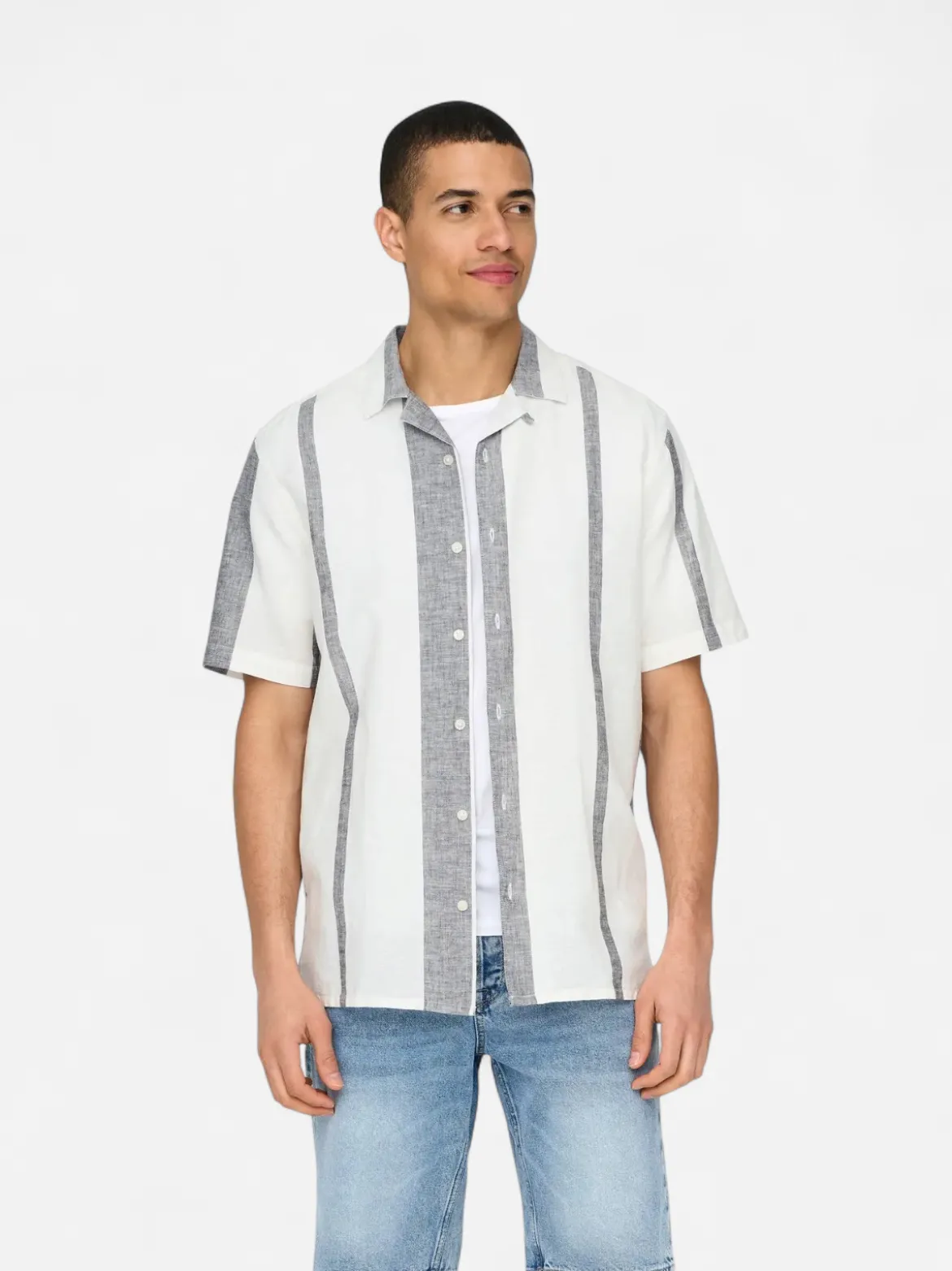 Only & Sons miesten kauluspaita Onscaiden Life Stripe Res Linen Blend Noos, Cloud Dancer