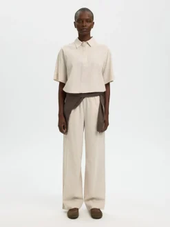 Selected Femme naisten housut SLFLuisa MW Wide Linen Blend Pant, Sandshell