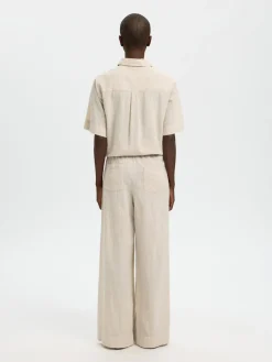 Selected Femme naisten housut SLFLuisa MW Wide Linen Blend Pant, Sandshell