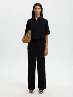 Selected Femme naisten housut SLFLuisa MW Wide Linen Blend Pant, musta