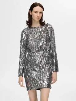 Selected Femme naisten mekko, SLFARI-COLYN LS SHORT SEQUINS DRESS B Hopeanharmaa