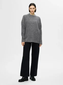 Selected Femme naisten neule, SLFMALINE LS KNIT HIGH NECK Grafiitti