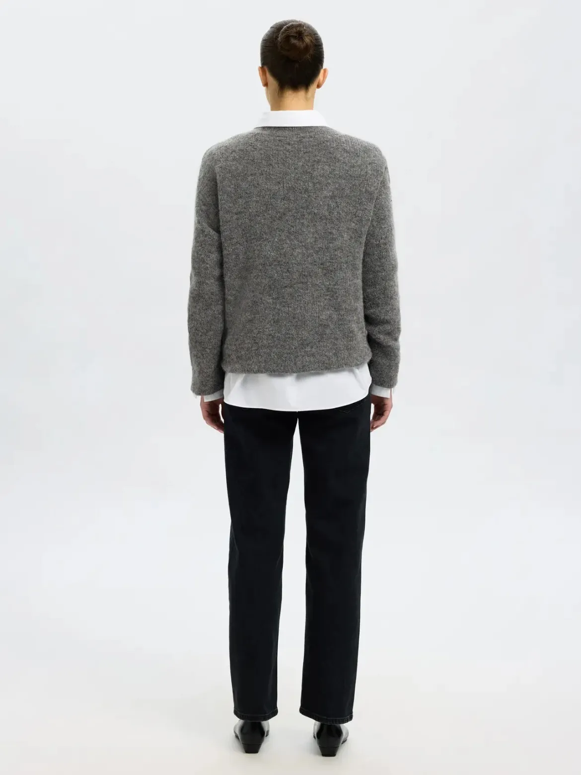 Selected Femme naisten neulepusero, SLFSIA RAS LS KNIT LONG V-NECK Medium Grey Melange